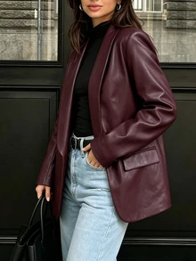 SHEIN PariChic 女款秋冬酒紅色披肩領皮革夾克，開襟長袖中長版西裝外套，商務通勤辦公場合穿著 - 紅色 - 查看 4