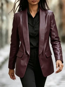 SHEIN PariChic 女款秋冬酒紅色披肩領皮革夾克，開襟長袖中長版西裝外套，商務通勤辦公場合穿著 - 紅色 - 查看 5