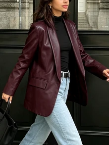 SHEIN PariChic 女款秋冬酒紅色披肩領皮革夾克，開襟長袖中長版西裝外套，商務通勤辦公場合穿著 - 紅色 - 查看 7