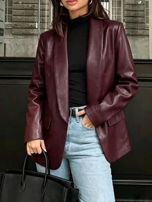 SHEIN PariChic 女款秋冬酒紅色披肩領皮革夾克，開襟長袖中長版西裝外套，商務通勤辦公場合穿著 - 紅色 - 查看 3