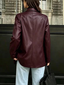 SHEIN PariChic 女款秋冬酒紅色披肩領皮革夾克，開襟長袖中長版西裝外套，商務通勤辦公場合穿著 - 紅色 - 查看 2