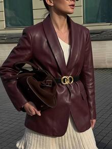 SHEIN PariChic 女款秋冬酒紅色披肩領皮革夾克，開襟長袖中長版西裝外套，商務通勤辦公場合穿著 - 紅色 - 查看 1