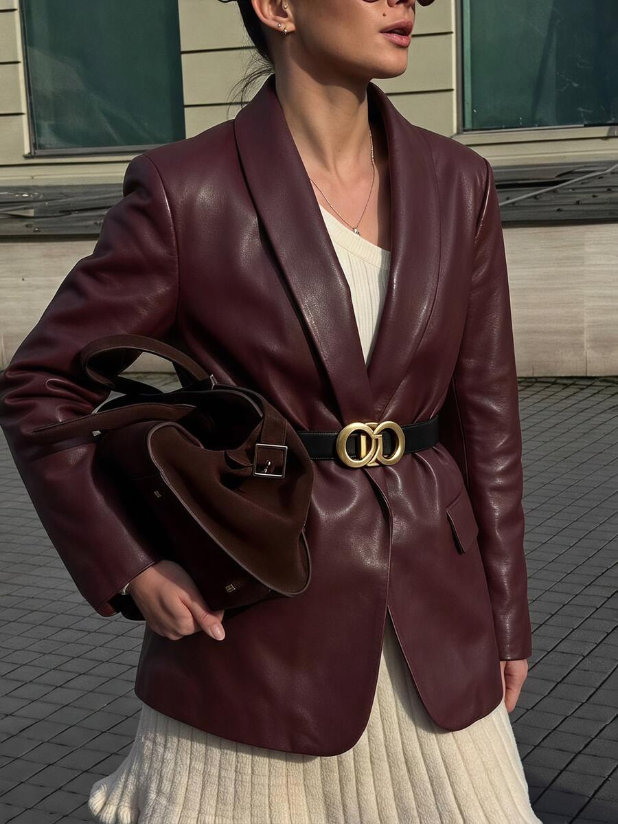 SHEIN PariChic 女款秋冬酒紅色披肩領皮革夾克,開襟長袖中長版西裝外套,商務通勤辦公場合穿著 - 紅色 - 查看 1
