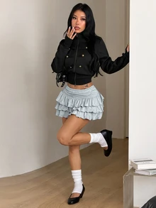 Coolane 女款春季學院風時尚Y2K度假穿搭 祭典波希米亞舒適白色荷葉邊分層百褶裙 - 灰色 - 查看 3