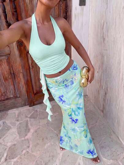 Aloruh Mint Green & Ice Blue Halter Neck Fitted Top With Long Skirt 2-Piece Set For Women, Casual Minimalist Vacation Bohemian Elegant Romantic Vintage Tie-Dye Floral Print Pattern, Music Festival, Beach Wear, Vacation Outfit, Women's Summer Outfit