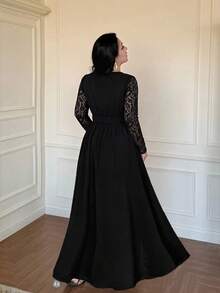 Vibekara New French Sexy Deep V-Neck Lace Patchwork Dress, Plus Size Waist-Cinching Slit Slimming Dress Fall - Black - View 2