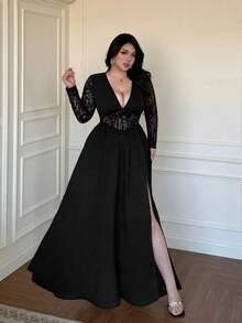 Vibekara New French Sexy Deep V-Neck Lace Patchwork Dress, Plus Size Waist-Cinching Slit Slimming Dress Fall - Black - View 3