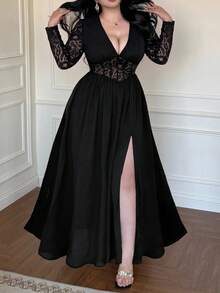 Vibekara New French Sexy Deep V-Neck Lace Patchwork Dress, Plus Size Waist-Cinching Slit Slimming Dress Fall - Black - View 1