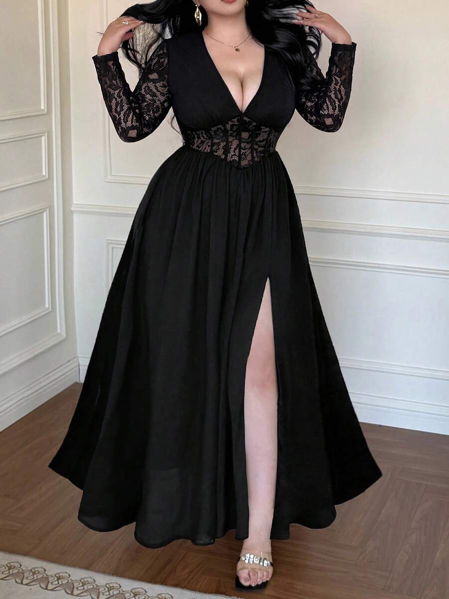 Vibekara New French Sexy Deep V-Neck Lace Patchwork Dress, Plus Size Waist-Cinching Slit Slimming Dress Fall - Black - View 1
