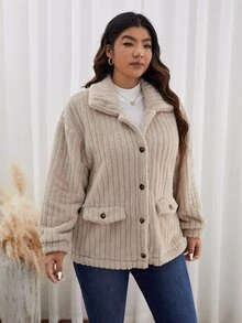 SHEIN Frenchy Plus Size Jackets Kantong Tombol Depan Plain Casual - Aprikot - View 5