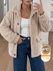 SHEIN Frenchy Plus Size Jackets Kantong Tombol Depan Plain Casual - Aprikot - View 1