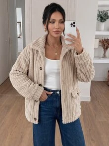 SHEIN Frenchy Plus Size Jackets Kantong Tombol Depan Plain Casual - Aprikot - View 8