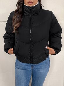 SHEIN Frenchy 大码女式冬季长袖拉链休闲羊毛夹棉大衣 - 黑色 - 查看 6