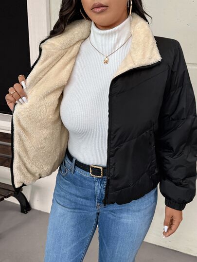 SHEIN Frenchy Plus Size Women Winter Long Sleeve Zip-Up Casual Fleece Padded Coat Fall Autumn Fall/Winter