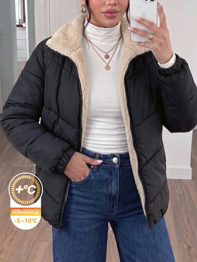 SHEIN Frenchy Damen Große Größen Wintermantel mit langen Ärmeln, durchgehendem Reißverschluss, Lässig Fleece gefüttert