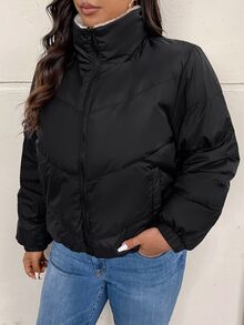 SHEIN Frenchy 大码女式冬季长袖拉链休闲羊毛夹棉大衣 - 黑色 - 查看 8