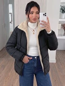 SHEIN Frenchy 大码女式冬季长袖拉链休闲羊毛夹棉大衣 - 黑色 - 查看 10