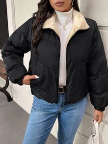 SHEIN Frenchy 大码女式冬季长袖拉链休闲羊毛夹棉大衣 - 黑色 - 查看 9
