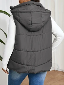 SHEIN Frenchy Plus Size Women's Solid Color Zipper Collar Casual Hooded Padded Padded Vest Jacket, Winter Fall Autumn - Grey - View 3