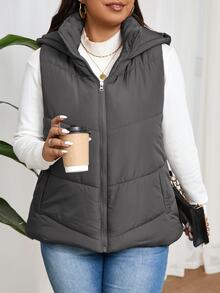 SHEIN Frenchy Plus Size Women's Solid Color Zipper Collar Casual Hooded Padded Padded Vest Jacket, Winter Fall Autumn - Grey - View 7