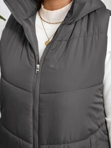 SHEIN Frenchy Plus Size Women's Solid Color Zipper Collar Casual Hooded Padded Padded Vest Jacket, Winter Fall Autumn - Grey - View 9