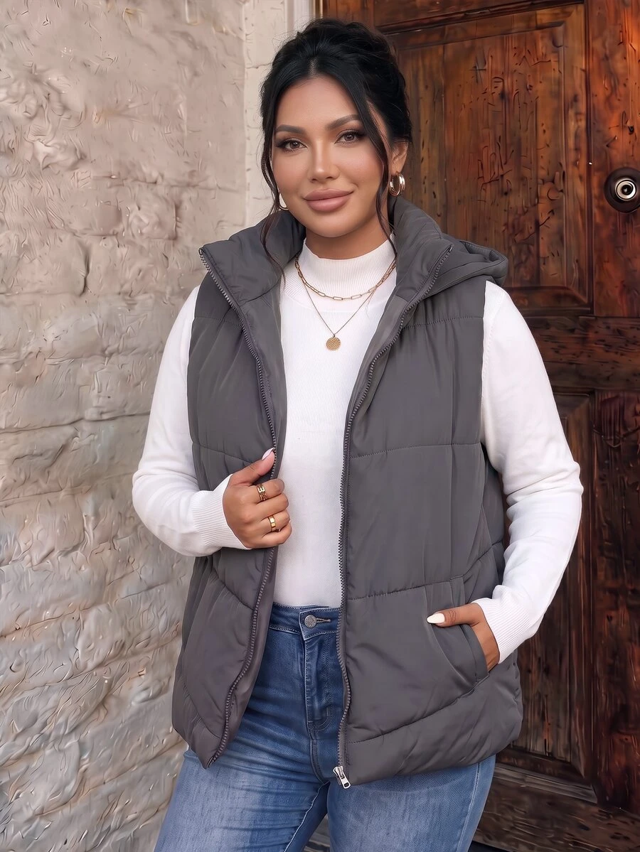 SHEIN Frenchy Plus Size Women's Solid Color Zipper Collar Casual Hooded Padded Padded Vest Jacket, Winter Fall Autumn