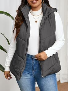 SHEIN Frenchy Plus Size Women's Solid Color Zipper Collar Casual Hooded Padded Padded Vest Jacket, Winter Fall Autumn - Grey - View 5