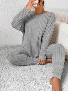 SHEIN Frenchy 女士秋季服装返校运动套装简约简约紧身纹理打底裤和长袖上衣套装女士加大两件套 - 灰色 - 查看 3