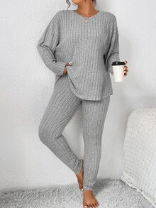 SHEIN Frenchy 女士秋季服装返校运动套装简约简约紧身纹理打底裤和长袖上衣套装女士加大两件套 - 灰色 - 查看 6