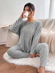 SHEIN Frenchy 女士秋季服装返校运动套装简约简约紧身纹理打底裤和长袖上衣套装女士加大两件套 - 灰色 - 查看 1