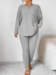 SHEIN Frenchy 女士秋季服装返校运动套装简约简约紧身纹理打底裤和长袖上衣套装女士加大两件套 - 灰色 - 查看 4