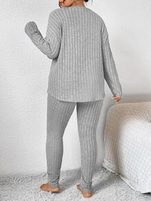 SHEIN Frenchy 女士秋季服装返校运动套装简约简约紧身纹理打底裤和长袖上衣套装女士加大两件套 - 灰色 - 查看 2