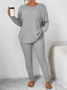 SHEIN Frenchy 女士秋季服装返校运动套装简约简约紧身纹理打底裤和长袖上衣套装女士加大两件套 - 灰色 - 查看 7