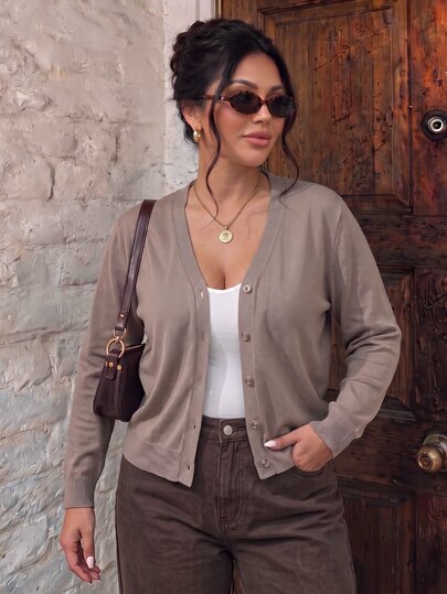 SHEIN Frenchy Plus Size Casual Solid Color Button-Up Long Sleeve Cardigans Plus Size Cardigan Cardigan Plus Size Women Plus Size Cardigan For Women Casual Cardigan Curve Cardigan In Fall/Winter