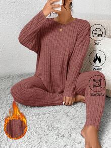 SHEIN Frenchy Conjunto de 2 piezas de top de manga larga acanalado y pantalones de talla grande, informal, para otoño - Color caoba - Ver 9
