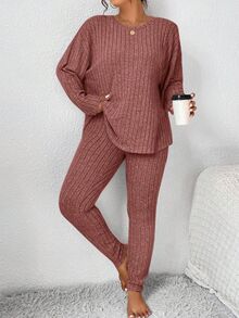 SHEIN Frenchy Conjunto de 2 piezas de top de manga larga acanalado y pantalones de talla grande, informal, para otoño - Color caoba - Ver 5