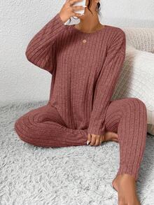 SHEIN Frenchy Conjunto de 2 piezas de top de manga larga acanalado y pantalones de talla grande, informal, para otoño - Color caoba - Ver 3