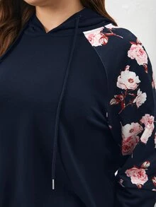 SHEIN Frenchy 大码女式休闲碎花抽绳连帽卫衣，适合春秋季穿着。大码女式卫衣，大码碎花上衣，女式长袖上衣，女式碎花卫衣，大码卫衣，长袖卫衣。 - 藏蓝色 - 查看 6