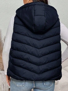 SHEIN Frenchy 女士加大码加厚背心，舒适休闲百搭日常及聚会穿着，黑色加厚背心女士羽绒背心女士冬季背心女士外套连帽羽绒背心带帽羽绒背心 - 藏蓝色 - 查看 3