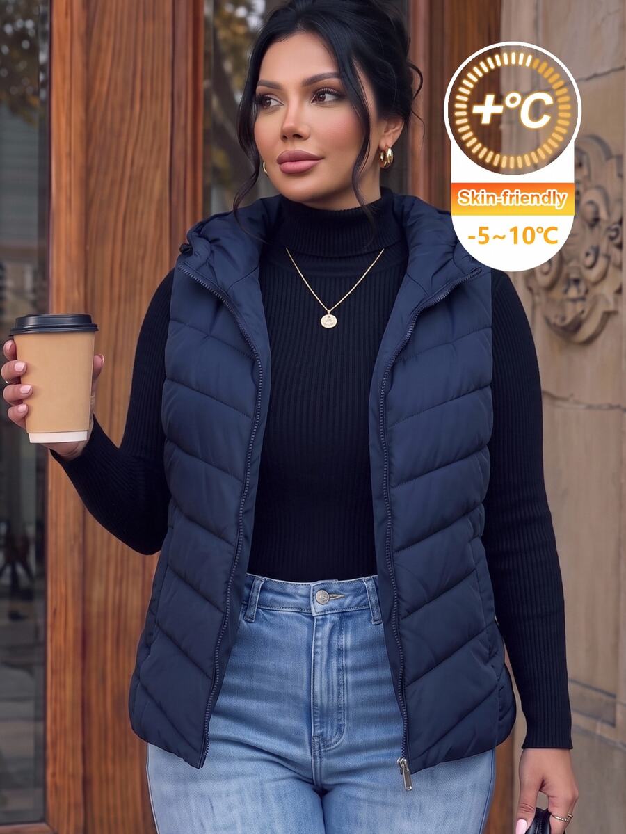 SHEIN Frenchy 女士加大码加厚背心，舒适休闲百搭日常及聚会穿着，黑色加厚背心女士羽绒背心女士冬季背心女士外套连帽羽绒背心带帽羽绒背心