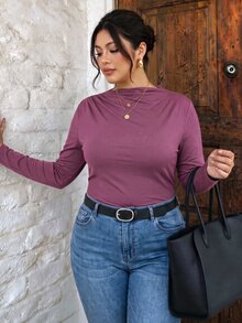 SHEIN Frenchy 大码立领褶饰修身 T 恤 - 中紫紅色 - 查看 1