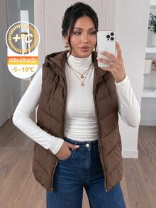 SHEIN Frenchy 加大码女式加厚背心，舒适休闲百搭背心，适合日常穿着和聚会，秋冬女式羽绒背心，女式外套背心，连帽羽绒背心，冬季背心，女式棕色羽绒背心 - 巧克力棕 - 查看 1