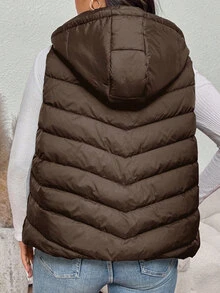 SHEIN Frenchy 加大码女式加厚背心，舒适休闲百搭背心，适合日常穿着和聚会，秋冬女式羽绒背心，女式外套背心，连帽羽绒背心，冬季背心，女式棕色羽绒背心 - 巧克力棕 - 查看 2