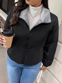 SHEIN Frenchy Plus Size Women Winter Fashion Versatile Fleece Jacket - Black - View 2