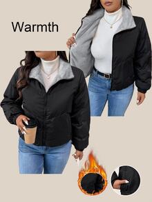 SHEIN Frenchy Plus Size Women Winter Fashion Versatile Fleece Jacket - Black - View 6