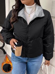 SHEIN Frenchy Plus Size Women Winter Fashion Versatile Fleece Jacket - Black - View 4