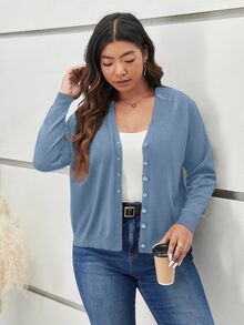 SHEIN Frenchy 大码女式纯色长袖单排扣休闲开衫，秋冬款 - 藍色 - 查看 7