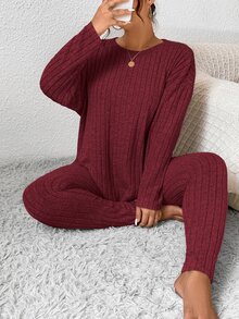 SHEIN Frenchy 女士秋季服装返校运动套装简约简约紧身纹理打底裤和长袖上衣套装女士加大两件套 - 紅色 - 查看 3