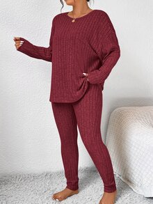 SHEIN Frenchy 女士秋季服装返校运动套装简约简约紧身纹理打底裤和长袖上衣套装女士加大两件套 - 紅色 - 查看 5