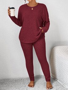 SHEIN Frenchy 女士秋季服装返校运动套装简约简约紧身纹理打底裤和长袖上衣套装女士加大两件套 - 紅色 - 查看 6